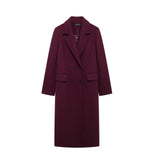 HH Women Fashion Burgundy Coat Double Breasted Long Sleeve Lapel Blends Jacket Autumn Winter High Street Outerwear