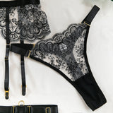 Krasapt Black Lace Embroidered Metal Buckle Sexy Lingerie Set Front Open See-through Lingerie 5Pcs Set Fancy Exotic Intimate Set