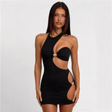Gold Metal Decor Sleeveless Short Dress  For Women sexy solid black Bodycon dress For Women