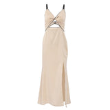 Black Satin Knot Hollow-out Straps Long Dress French Style Sexy Sleeveless Slit Women Summer Dress Lady Evening Party Gowns