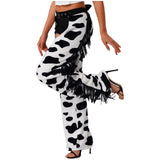 Womens Cow Spot Pattern Flannel Long Pants Adjustable Waist Open Crotch Biking Riding Cowgirl Chaps Halloween Cospaly Costume