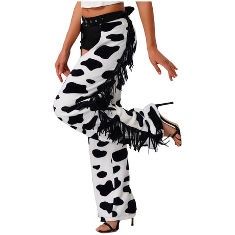 Womens Cow Spot Pattern Flannel Long Pants Adjustable Waist Open Crotch Biking Riding Cowgirl Chaps Halloween Cospaly Costume