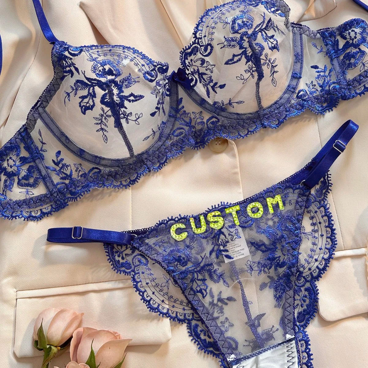Sexy Custom Thong Name Embroidery Lingerie Set Customized Women Name Thong Sheer Bra + Brief Underwear Set Personalized Gift