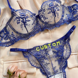 Sexy Custom Thong Name Embroidery Lingerie Set Customized Women Name Thong Sheer Bra + Brief Underwear Set Personalized Gift