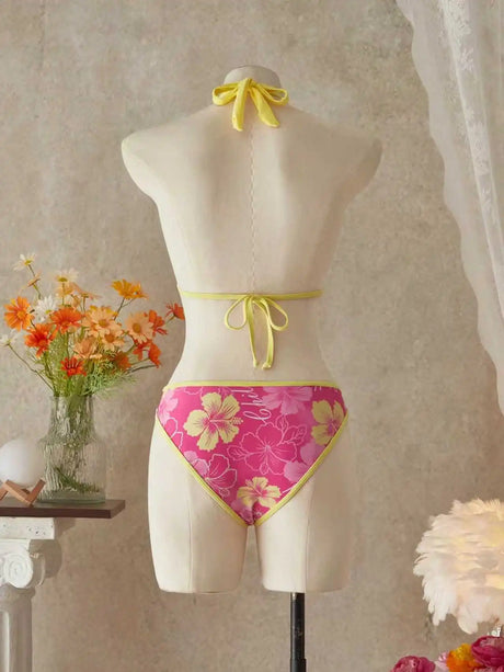 Women European American Sexy Three Piece Bikini Swimwear Set Floral Print Tie Up Swim Skirt Beach Bathing Suit