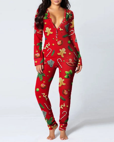 Sexy Pyjama Women's Long Sleeves Homewear Suit Button-Down Front Back Butt Bum Open Ass Flap Jumpsuit Loungewear Christmas Print