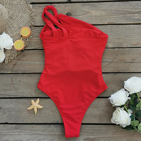 Sexy One Piece Swimsuit One Shoulder Solid Cut Out Monokini Pattern Women's Swimwear Slimming Bodysuit Women Beachwear 2022