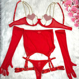 Women Red Rhinestone Heart Lingerie Set with Underwire Bra High Waist Garter Belt Thong and Long Gloves Party Outfit
