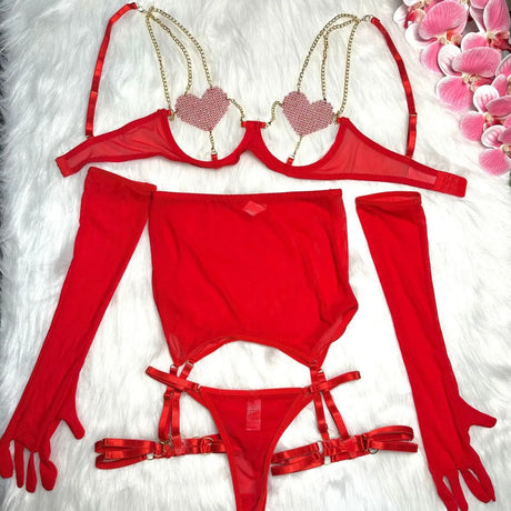 Women Red Rhinestone Heart Lingerie Set with Underwire Bra High Waist Garter Belt Thong and Long Gloves Party Outfit