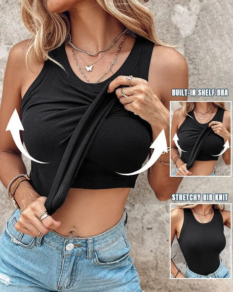 2026 New Spring Summer Women Built in Bra Tank Tops Round Neck Sleeveless Casual Tops Female Racerback Ribbed Fitted Tank Tops