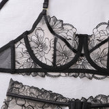 Ellolace French Women's Lingerie Fantasy Embroidered Bra Belt Thong with Leg Circles Elegant Floral Romantic Cute Miss Underwear