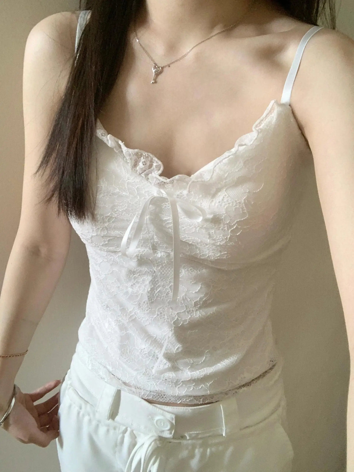 Elegant Lace White Camisole Women's Vest with Chest Pad Unique Design Inner Wear Base Top  Knot Backless Style