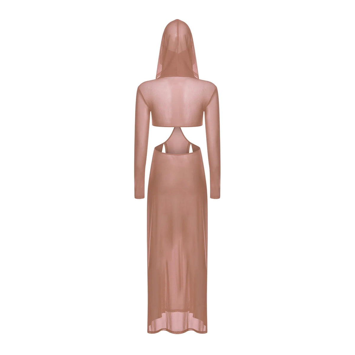 Women Wet Look Mesh Maxi Dress with Hooded Cosplay Sexy High Slit Lingerie Face Mask Long Sleeves Hollow Out Sheer Nightdress