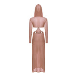 Women Wet Look Mesh Maxi Dress with Hooded Cosplay Sexy High Slit Lingerie Face Mask Long Sleeves Hollow Out Sheer Nightdress