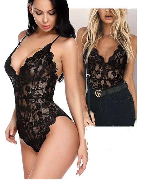 Sexy Plus Size Lingerie Suspenders Multi-color Dark V Transparent Lace Onesie Lace Bodysuit  Porno Costume Sexy Women Open