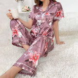 Women Satin Pajama Casual Sleepwear Home Clothes Suit Autumn Long Sleeve Button Up Top & Pants Nightwear Loungewear Pyjama Femme