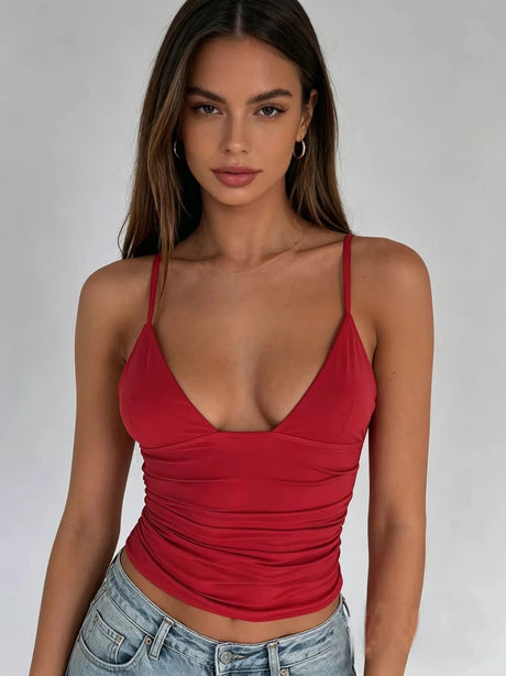 Summer Women Deep V Neck Ruched Cami Top Elastic Slim Bodycon Spaghetti Strap Tank Vest Y2K Streetwear Club Party Basic Camisole