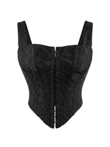 Floral Jacquard Wide Strap Corset Top Front Hook Back Lace Up Square Neck For Women