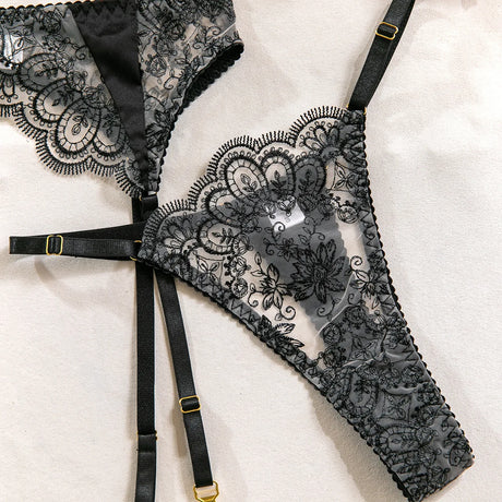 Wedding Night Gift 3 Piece Black Lace Lingerie Set for Women Bra with Garter Belt and Thong Sexy Bridal Underwear