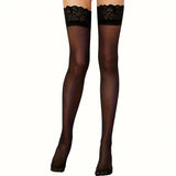 Women's Black Lace Thigh High Stockings, Sheer Over Knee Hosiery with Wide Elastic Top for Dresses, Party and Daily Wear