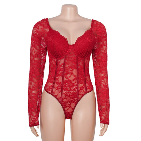 Women Sexy Lace Long Sleeve Bodysuit Underwire Square V Neck Open Crotch Clubwear Top Plus Size Snap Closure Teddy Lingerie