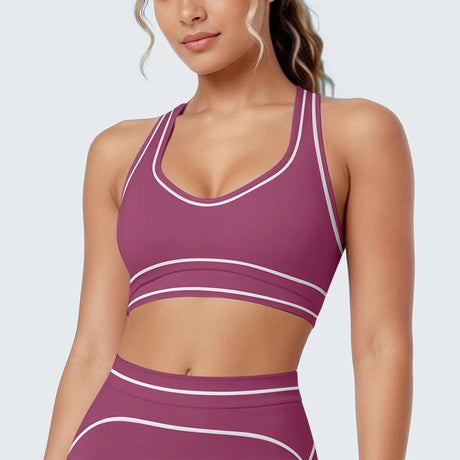 Women's Yoga Bra Vest Fitness Tank Running Workout Gym Top Push Up Padded Soft Slim Contrast Piping Racerback Sports Underwear