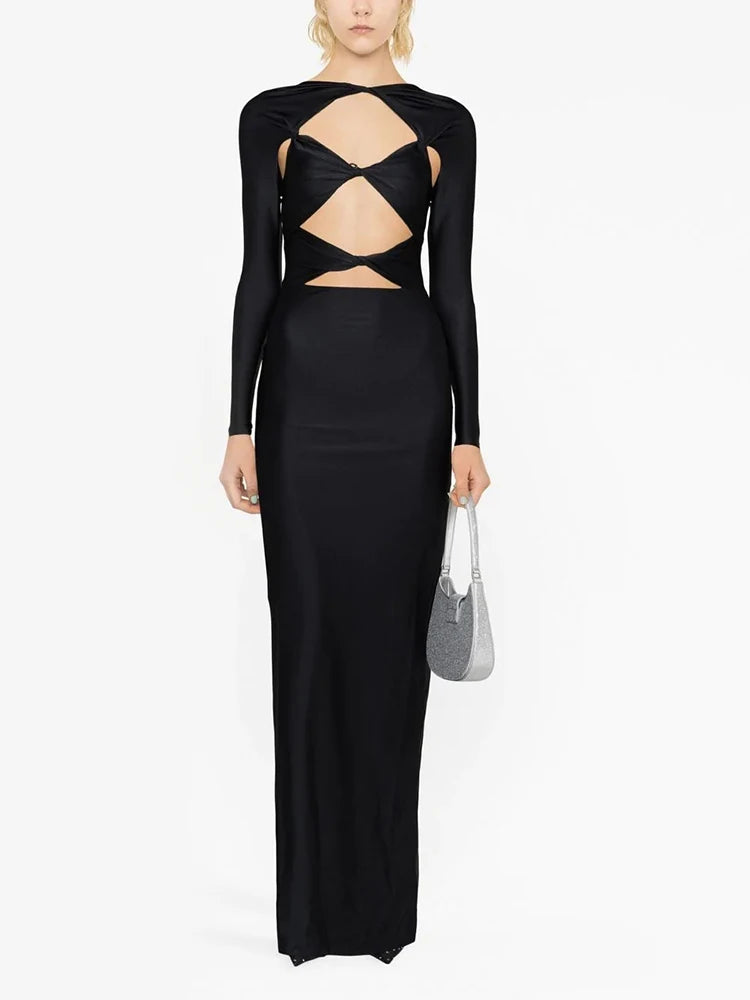 VC 2026 New Sexy Cutout Dresses For Women Sexy Hollow Out Design Long Sleeves Black Gowns Special Events