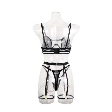 Hollow Out Lingerie Set Women Sexy Push Up Underwired Diamond Patchwork Bra Brief Underwear Set Black Bandage Garter Erotic Suit