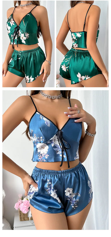 2025New Womens Sexy Floral Satin Pajama Set V Neck Tie Front Cami Crop Top Shorts Two Piece Sleepwear Loungewear Spaghetti Strap