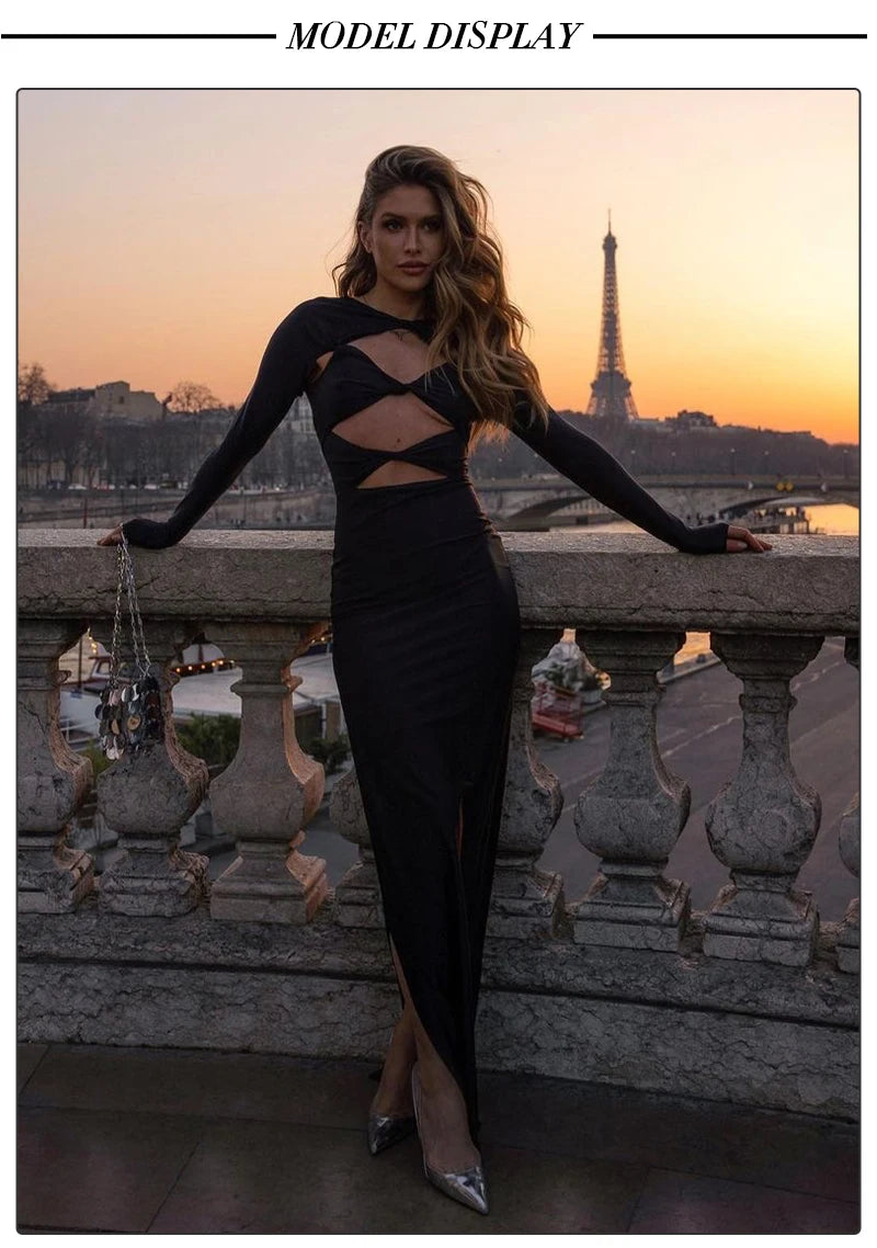 VC 2026 New Sexy Cutout Dresses For Women Sexy Hollow Out Design Long Sleeves Black Gowns Special Events