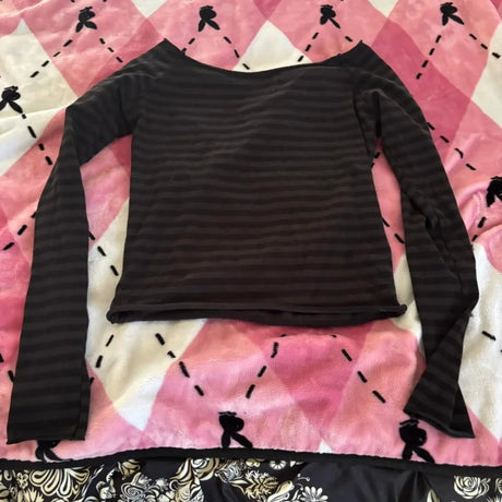 Womens Fall Basic Crop Tops Long Sleeve Off Shoulder Striped Print Slim Fit T-shirts