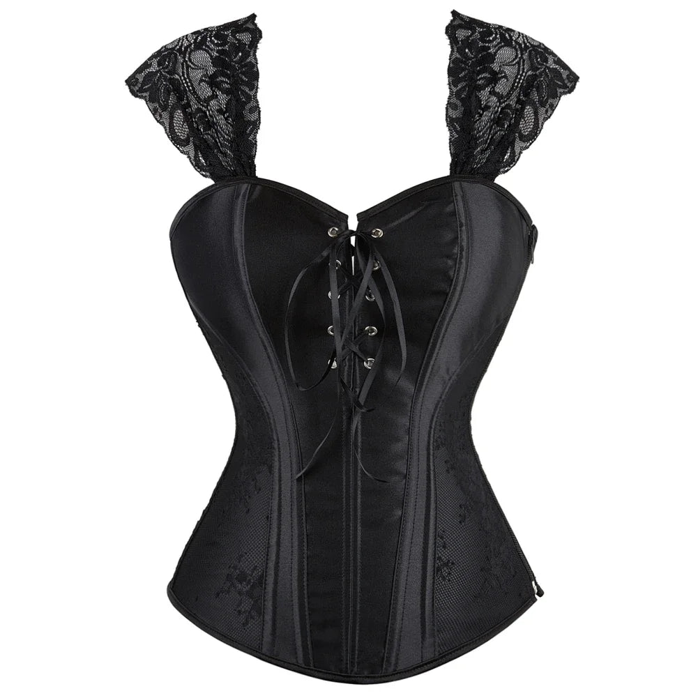 Gothic Corset Top With Straps Sexy Floral Zipper Brocade Overbust Lingerie Burlesque Body Shaper Lace Up Bustier Plus Size