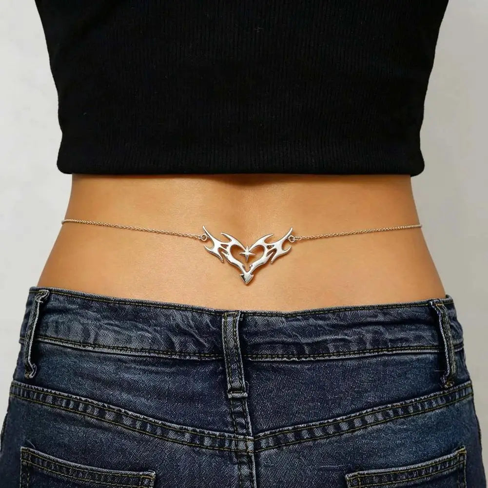 Gothic Heart Flame Waist Chain Sexy Punk Metal  Waist Belly Belt Chain Y2K Body Chain for  Beach Bikini Party Outfit Jewelry
