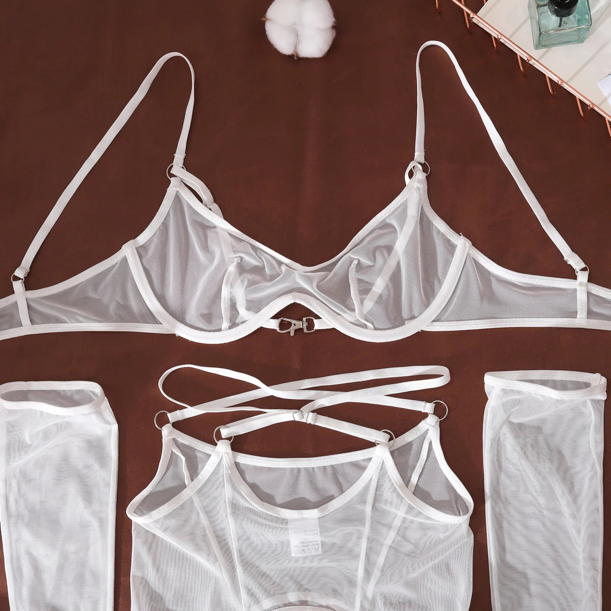 Ellolace Solid Women's Lingerie Sets Seductive See Through Bra Belt Thong 3PC with Gloves Stockings Sissy Sexy Women's Underwear