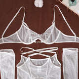 Ellolace Solid Women's Lingerie Sets Seductive See Through Bra Belt Thong 3PC with Gloves Stockings Sissy Sexy Women's Underwear