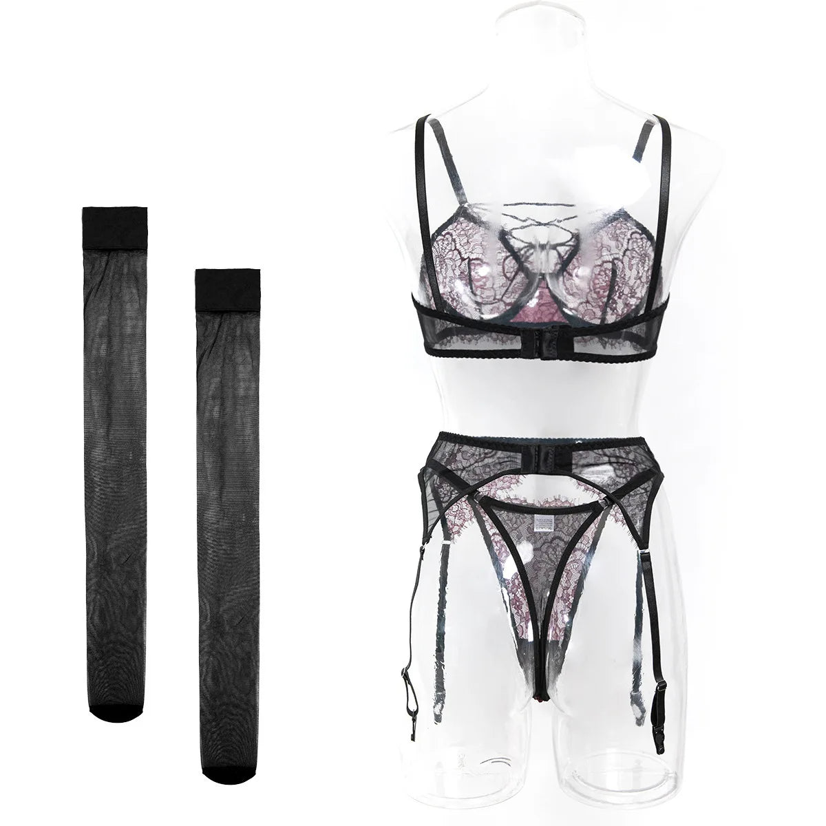 Women's 4-Piece Sheer Lace Lingerie Set Crisscross Strap Bra Garter Belt Long Socks Seductive Intimate Underwear