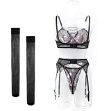 Women's 4-Piece Sheer Lace Lingerie Set Crisscross Strap Bra Garter Belt Long Socks Seductive Intimate Underwear
