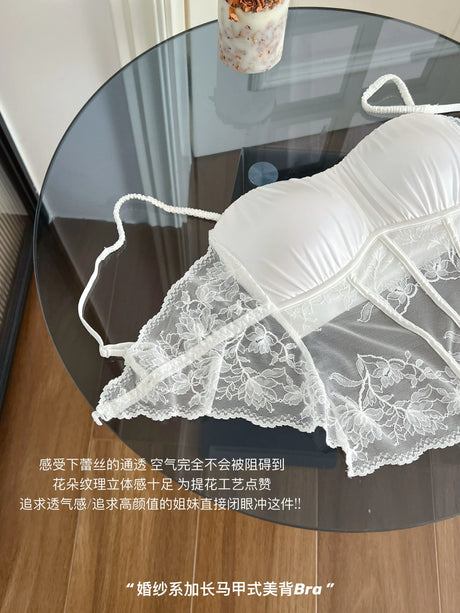 Women Elegant French Longline Lingerie, Lace Satin Wireless Bra, Push Up Sexy Open Back, Luxury Bridal Underwear Fit Small Bust