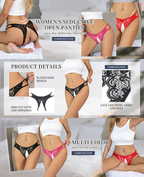 Lace Bow Thong Panties for Women Sheer Mesh G String Sexy Underwear Open Crotch Low Rise Plus Size Lingerie Hot Sale