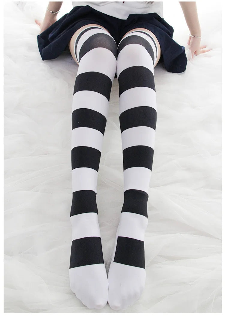 Lolita Over Knee Socks Pink Strip Kawaii Cat Paw Print Stockings Lolita Gothic Velvet Over The Knee Thigh High JK Long Stockings