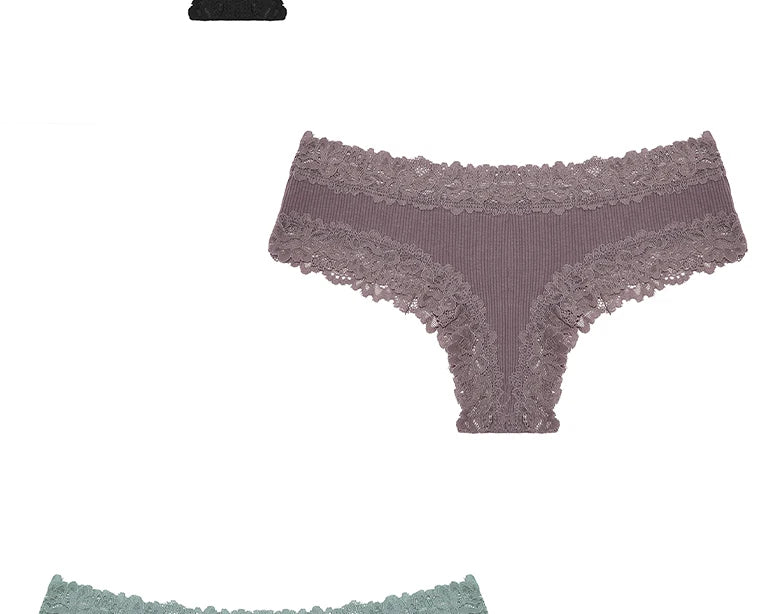 3PCS/Set Sexy Lace Seamless Cotton Brazilian Panties Women Ribbed Intimates Breathable Panties Low Waist Female Cotton Underwear