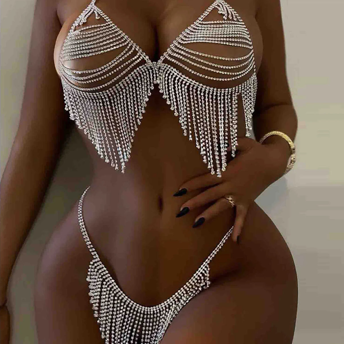 Bikini Crystal Bra Chain Sexy Rhinestone Thong Suit Body Fringed Bra Lumbar Abdominal Chain Women Sexy Underwear Accessories