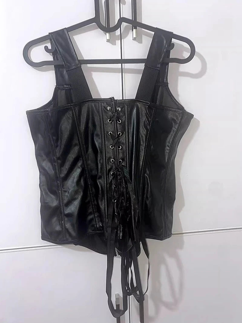 Faux Leather Harness Court Shaper Overbust Corselet Women Sexy Buckled Bustier Waist Trainer Vest Corset Overbust