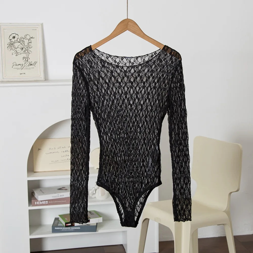 Women's Black Lace Bodysuit Y2k Long Sleeve Sheer Tops Fashion Slim Hollow Out See Through Mesh Blouses Sexy Lingerie Bodysuits