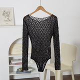 Women's Black Lace Bodysuit Y2k Long Sleeve Sheer Tops Fashion Slim Hollow Out See Through Mesh Blouses Sexy Lingerie Bodysuits