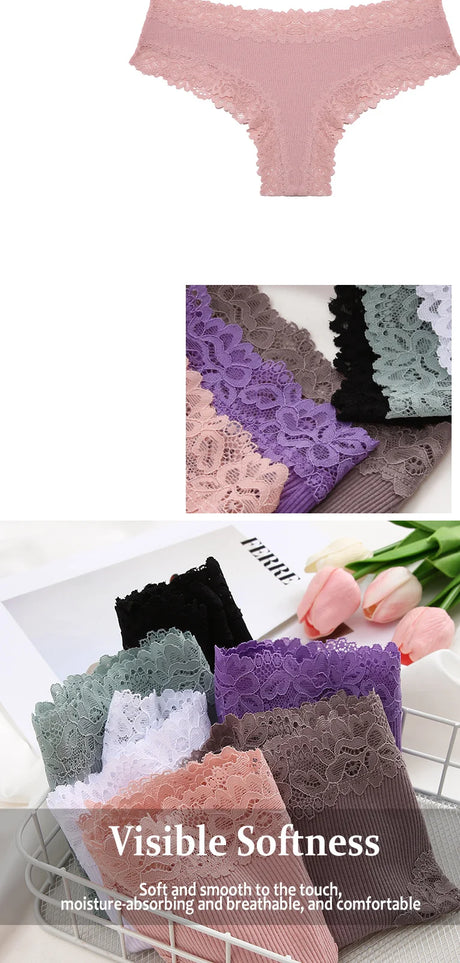 3PCS/Set Sexy Lace Seamless Cotton Brazilian Panties Women Ribbed Intimates Breathable Panties Low Waist Female Cotton Underwear