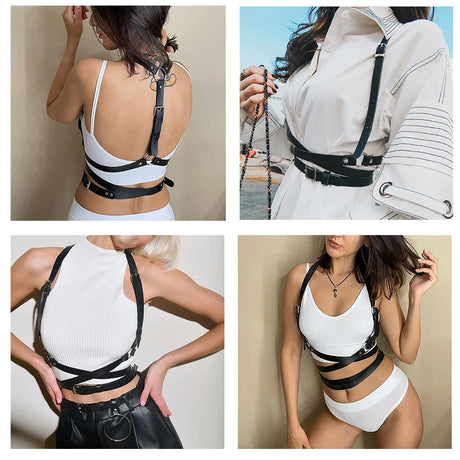 Women Leather Bondage Restraint Straps Set Adjustable Harness Belt Chest Waist Thigh Straps Gothic Costume Cosplay Accessory