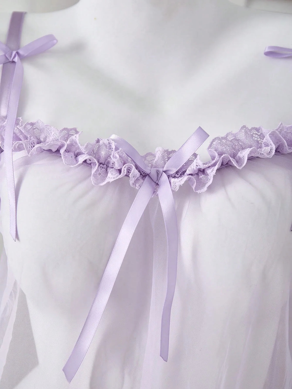 Ellolace Romantic Women's Casual Dresses Tempted Solid Sheer Cute Dress Thong 2PC Set Innocent Bownkow Decor Ruffled Sleepwear