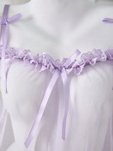 Ellolace Romantic Women's Casual Dresses Tempted Solid Sheer Cute Dress Thong 2PC Set Innocent Bownkow Decor Ruffled Sleepwear