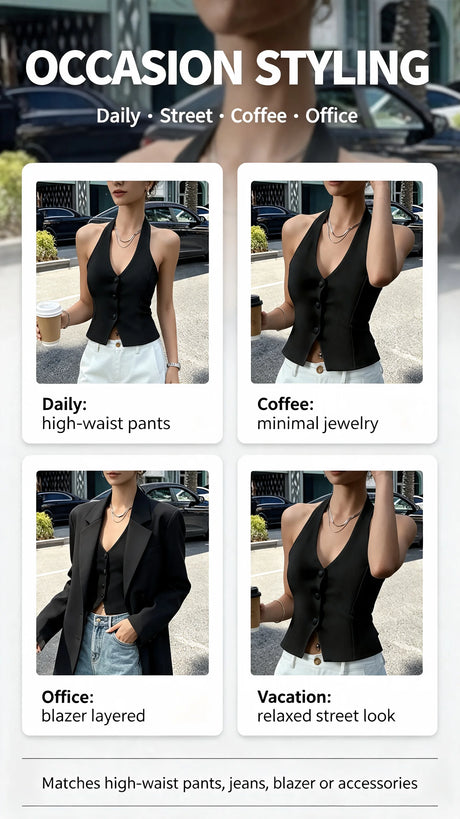 Women Black Halter Neck Button Vest Top Sleeveless V-Neck Slim Fit Back Tie Casual Streetwear Cropped Tank Top